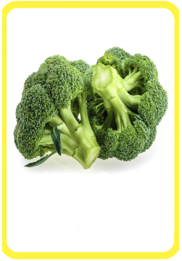 Cimette di broccoli verdi freschi su sfondo bianco con bordo giallo.