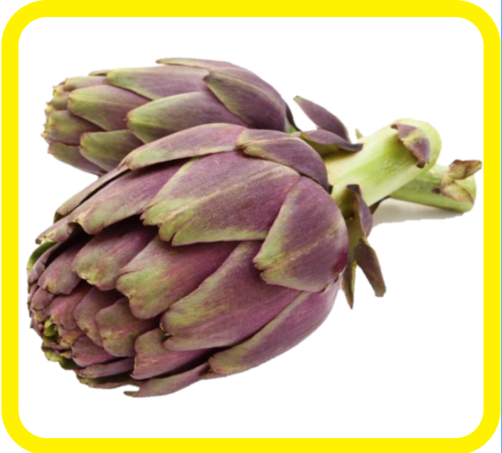 Due carciofi viola con gambi verdi su sfondo bianco, incorniciati da un bordo giallo.