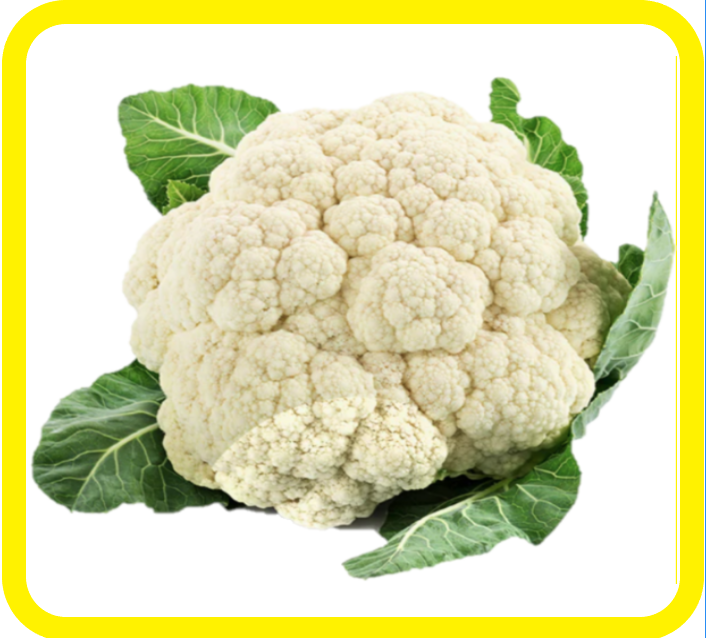 Cavolfiore con foglie verdi su sfondo bianco con bordo giallo
