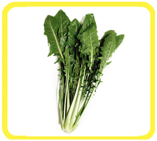Un mazzo di verdure a foglia verde con steli lunghi su sfondo bianco con bordo giallo.