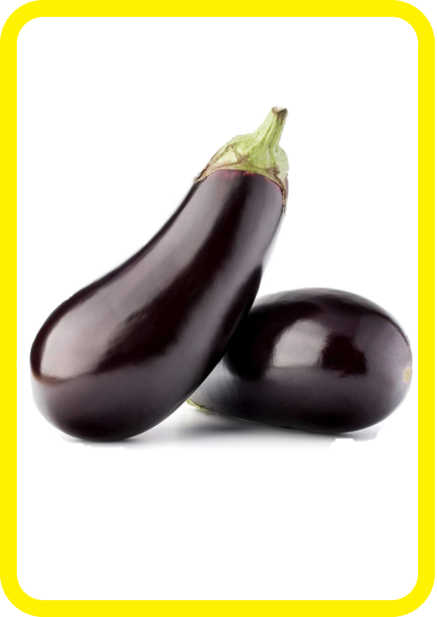 Due melanzane viola lucide su sfondo bianco con bordo giallo