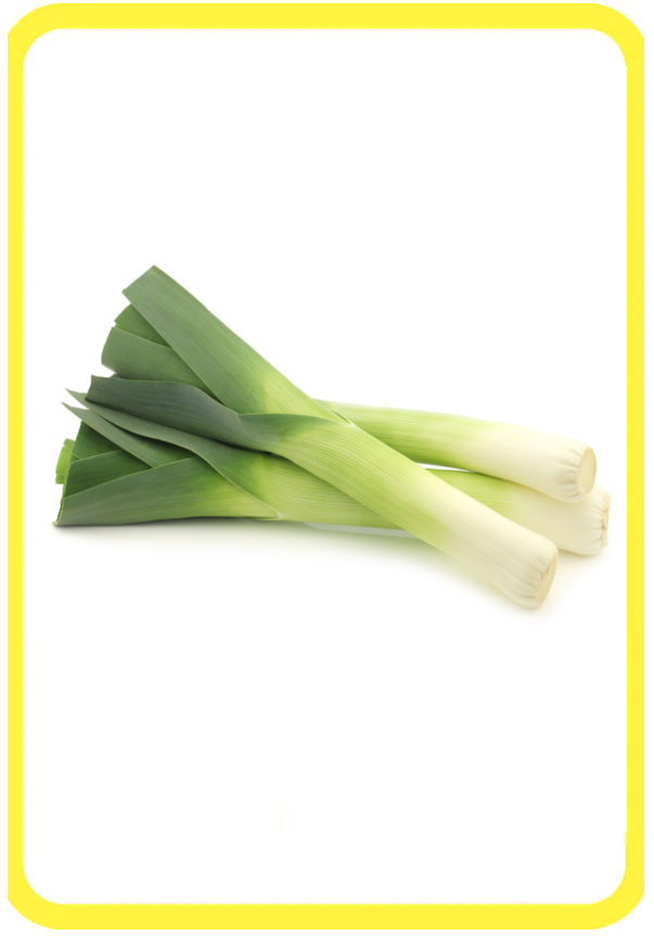 Due porri su sfondo bianco con bordo giallo