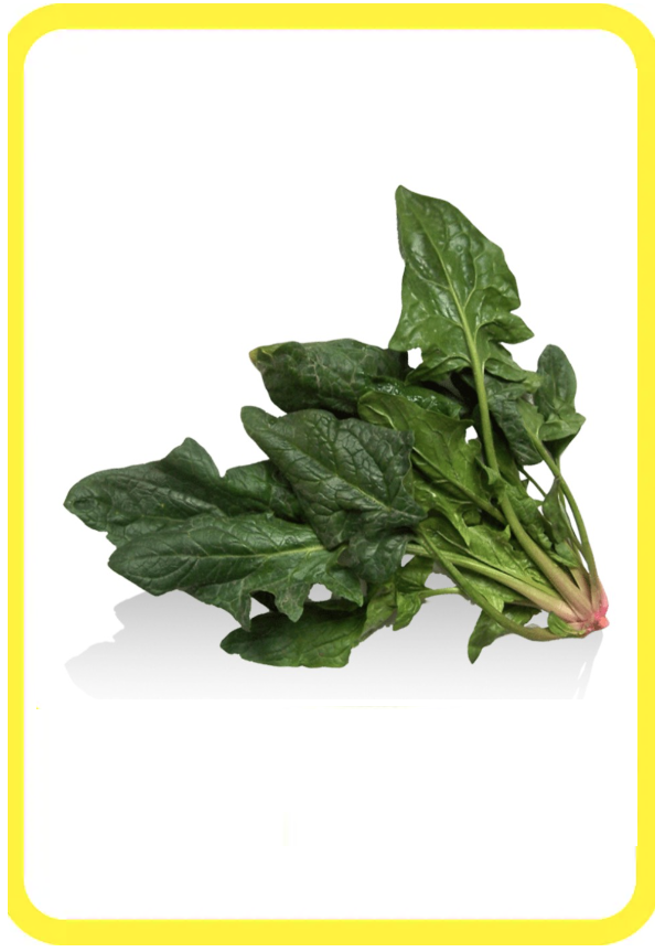 Foglie fresche di spinaci con gambo, disposte su uno sfondo bianco con bordo giallo.