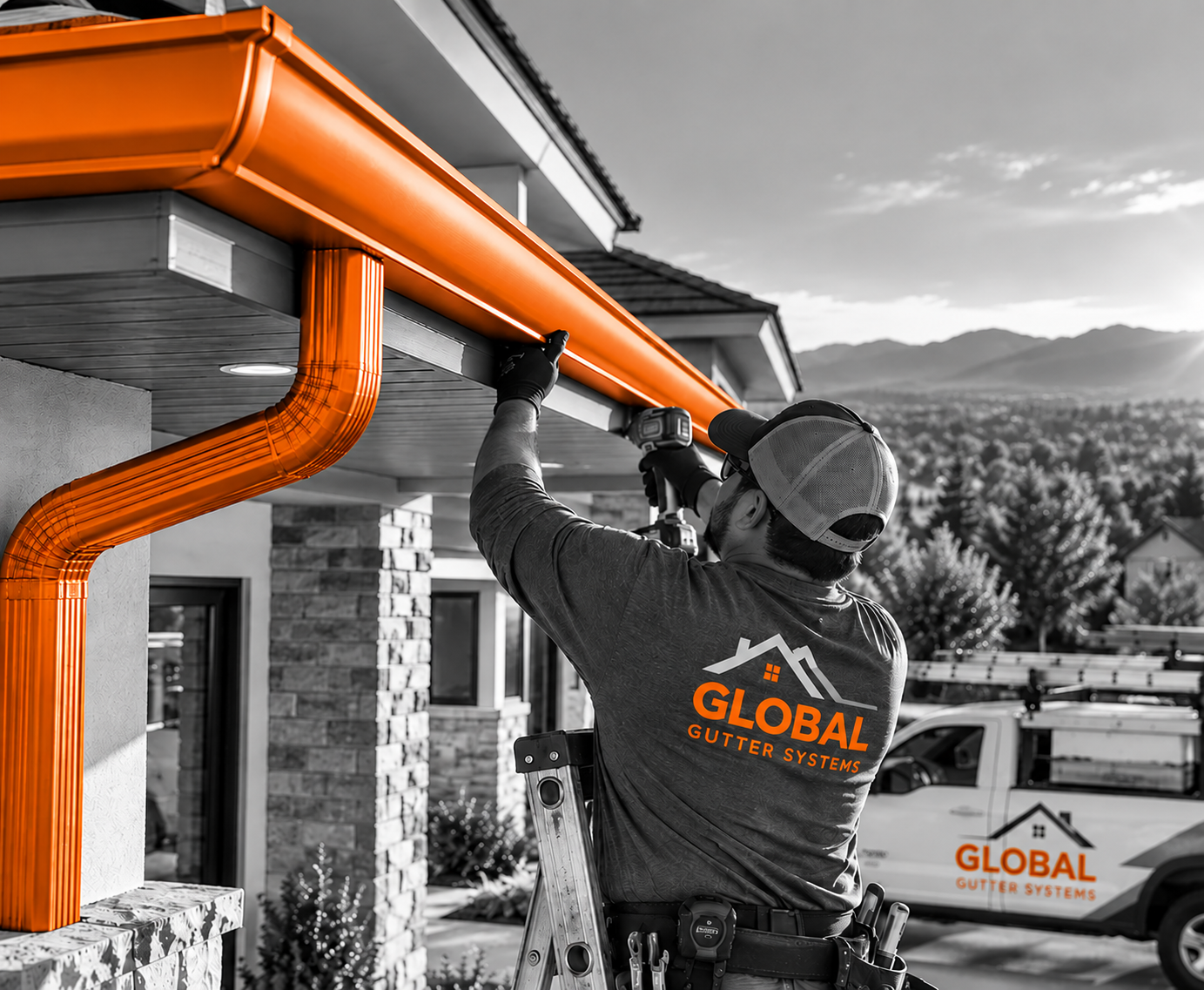 Worker installing bright orange gutters on a house roof, with a company truck in the background.
