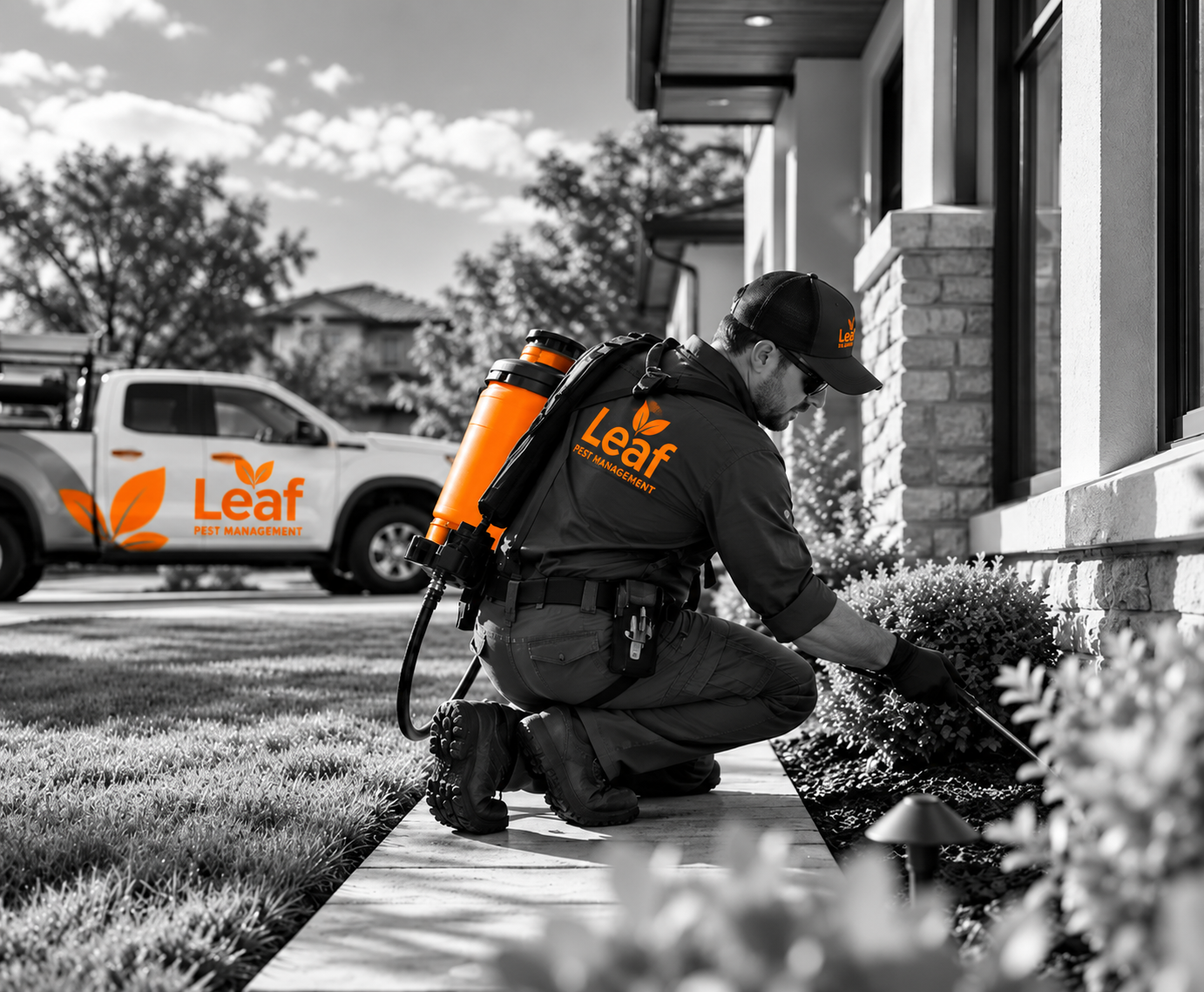 Leaf-branded worker kneeling to inspect shrubs beside a house, with a Leaf truck in the driveway.
