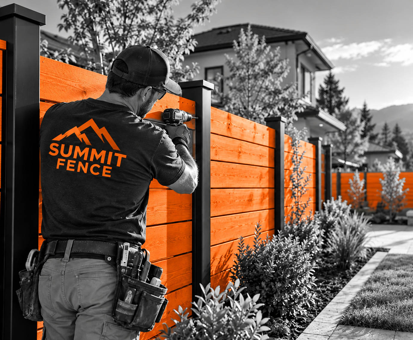 Worker with orange Summit Fence shirt installing wooden fence panels in a suburban yard