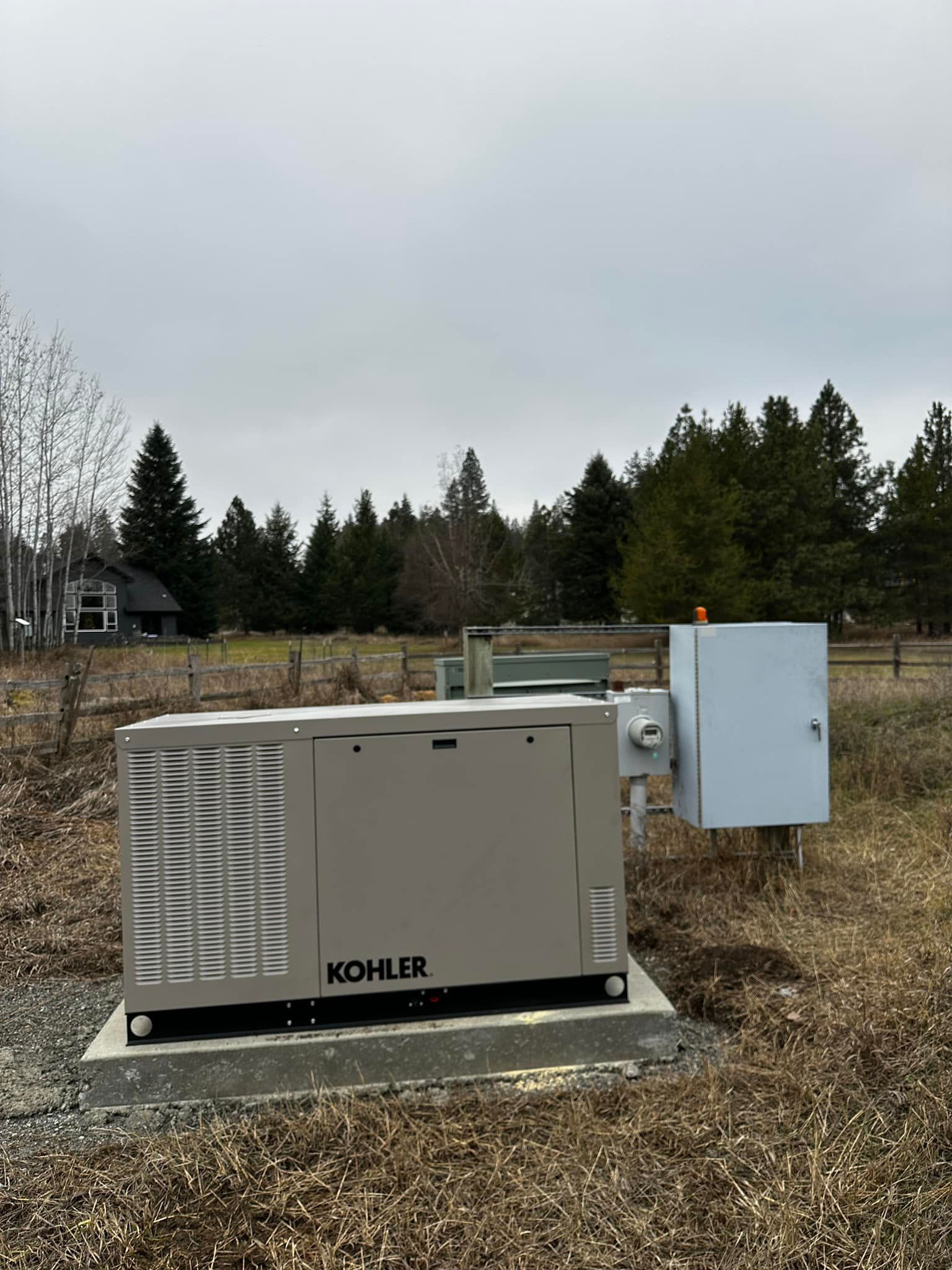 Large beige industrial generator on a concrete pad outdoors near trees and a stone wall