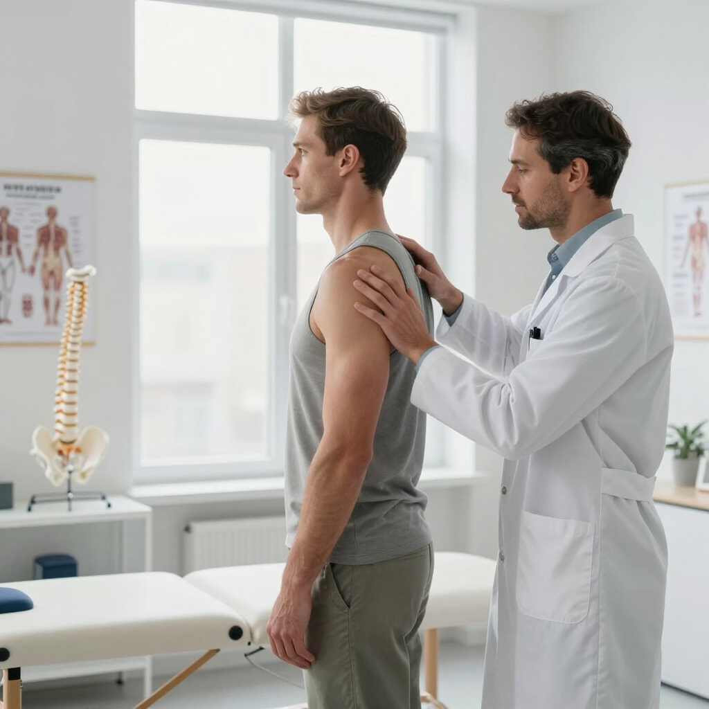 Doctor examining a patient’s shoulder in a bright clinic room