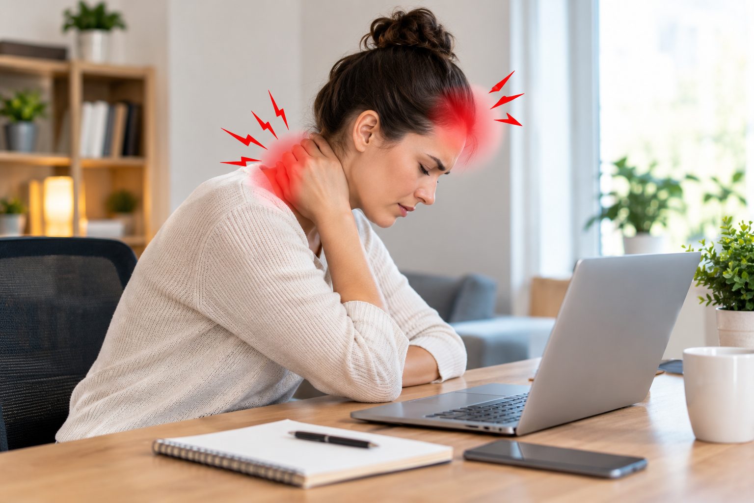 Woman holding her neck while working on a laptop at a desk, with red pain marks on neck and forehead
