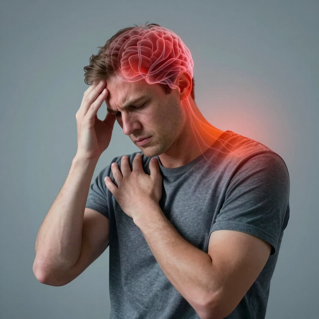 Man clutching his head and chest with a red glowing brain, showing pain or headache