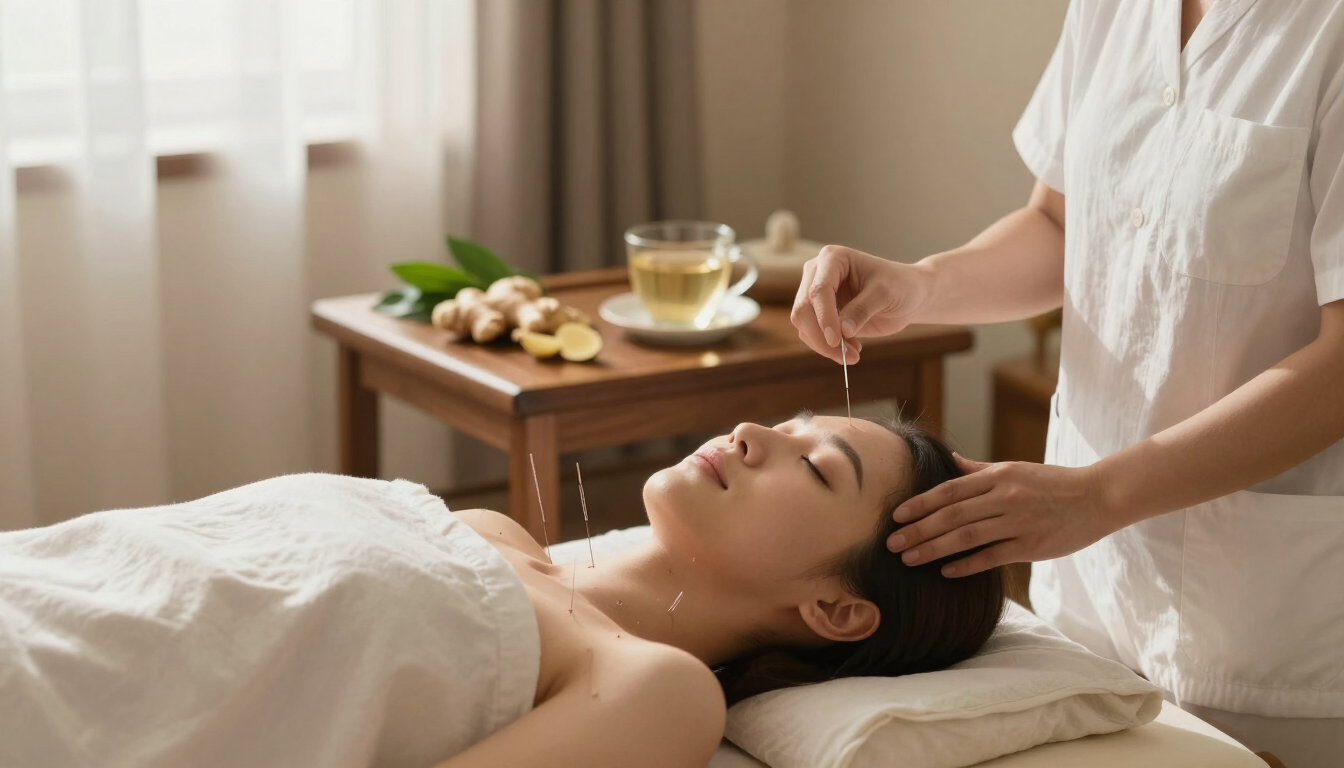 Spa therapist giving facial massage to a client lying on a treatment table