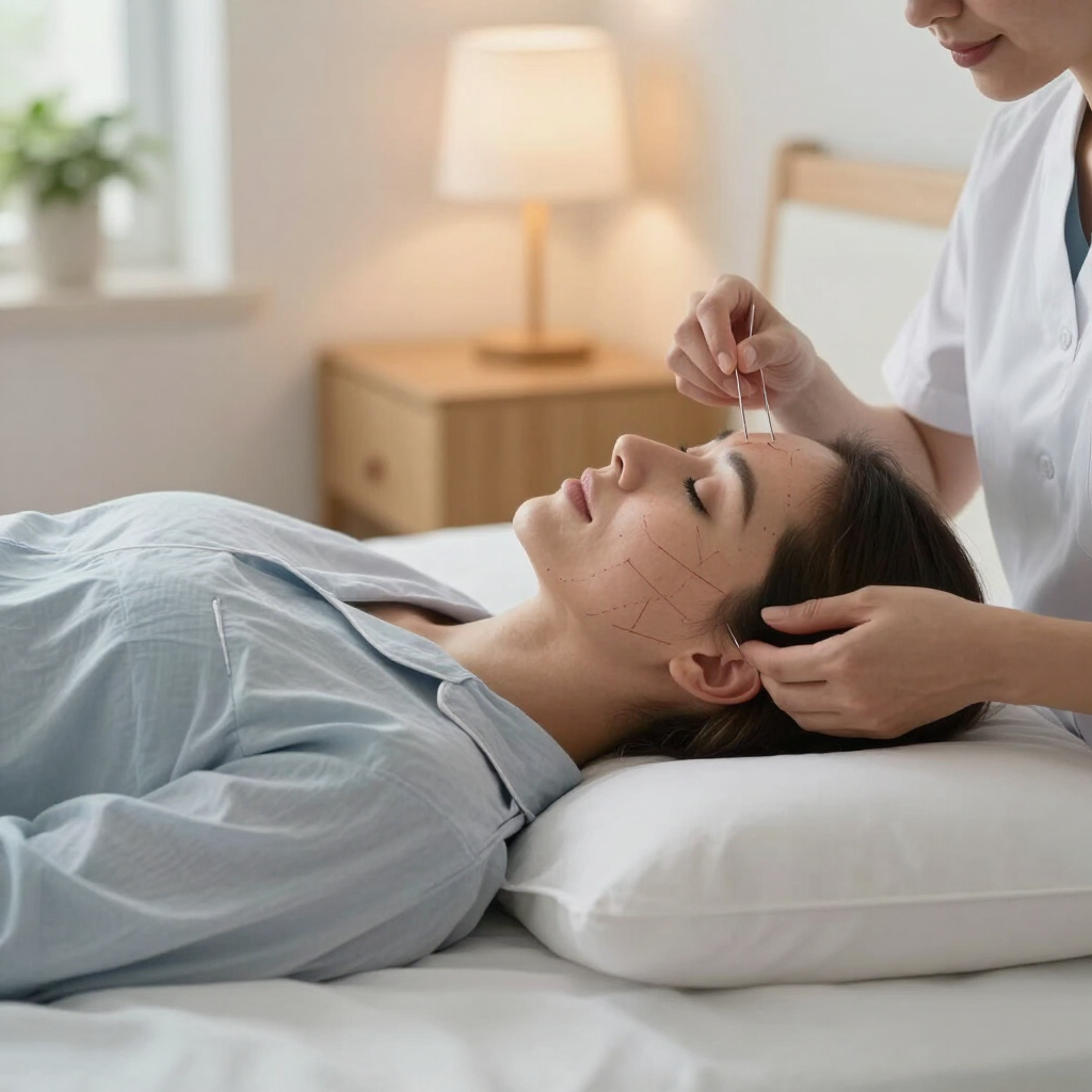 Person receiving acupuncture treatment while lying on a bed in a calm room