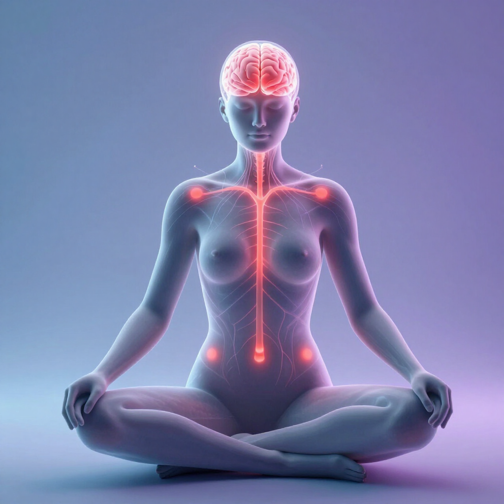 Glowing human figure seated in meditation, with illuminated brain and nervous system on a purple background