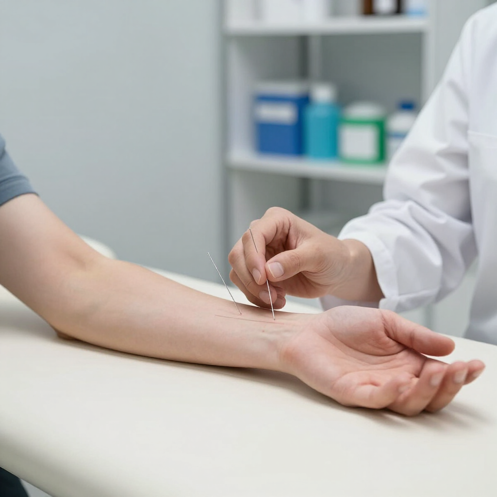 Healthcare worker taking a wrist pulse with acupuncture needle in a clinic