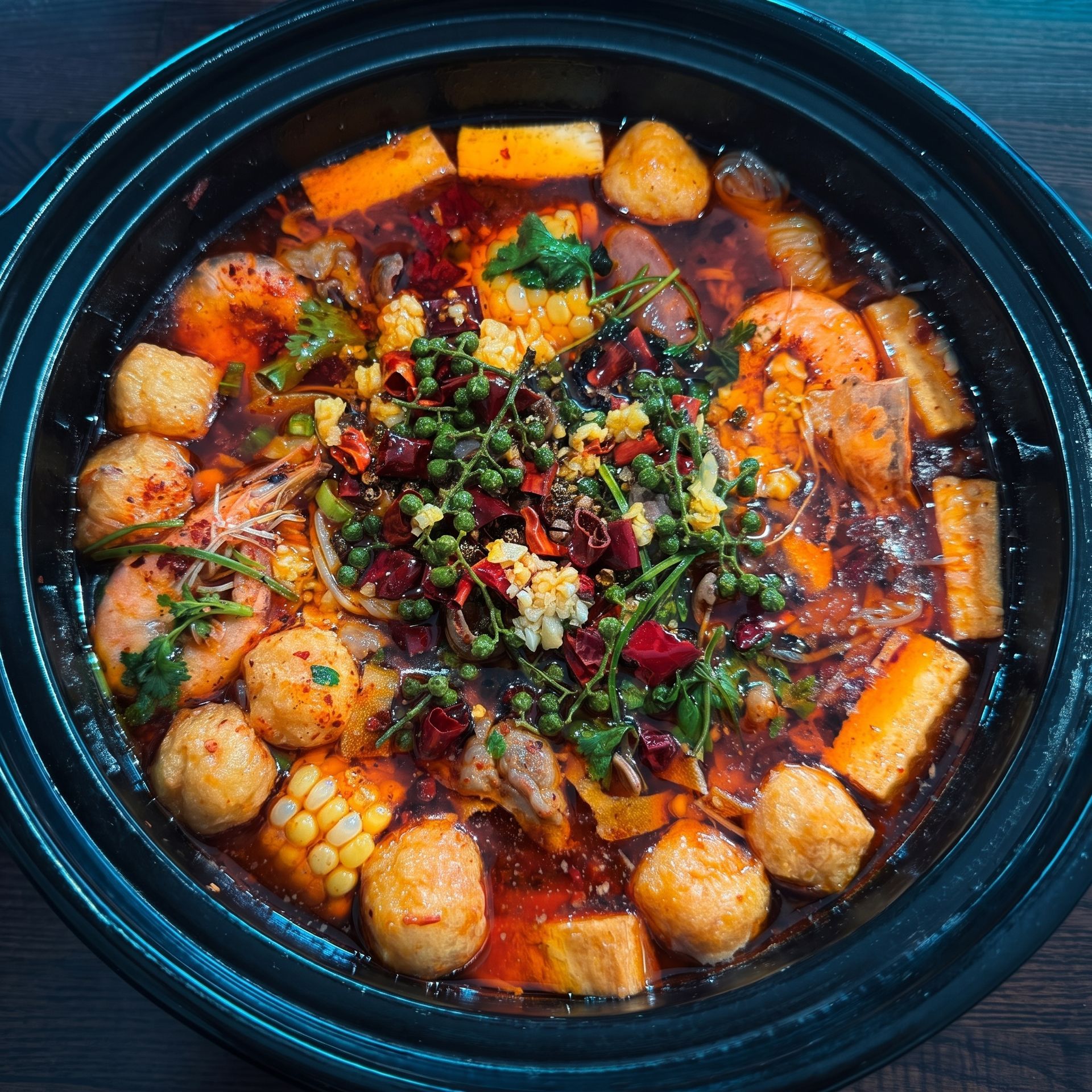 Spicy noodle soup with corn, fish balls, herbs, and chili in a black bowl