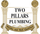 Two Pillars Plumbing logo with gold columns, globe tops, and banner reading “Worthy and Well Qualified”
