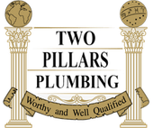 Two Pillars Plumbing logo with gold columns, globe tops, and banner reading “Worthy and Well Qualified”