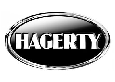 Hagerty logo in bold white text on a black oval with silver outline