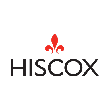 Hiscox logo with red fleur-de-lis icon above black text