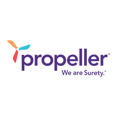 Propeller logo with multicolored propeller icon and purple text, “We are Surety.”