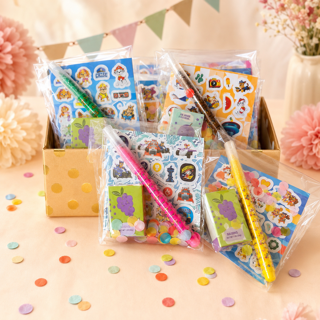 Paw Patrol traktatie met marker, stickers en rozijntjes – set van 5 stuks