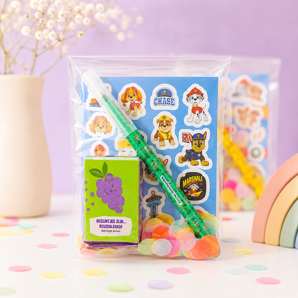 Paw Patrol traktatie met marker, stickers en rozijntjes – set van 5 stuks