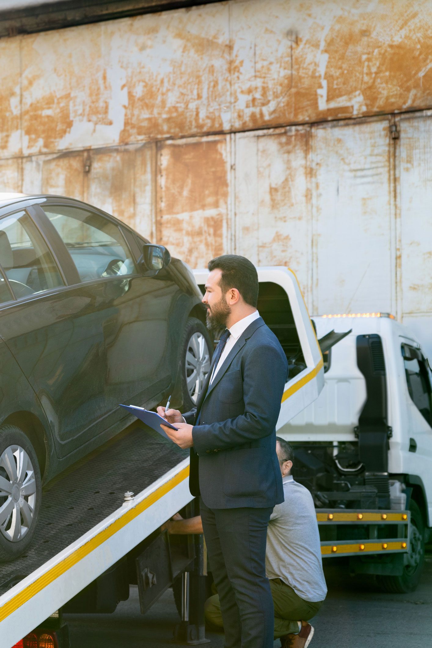 A man in a suit is standing next to a tow truck with a car on it.
