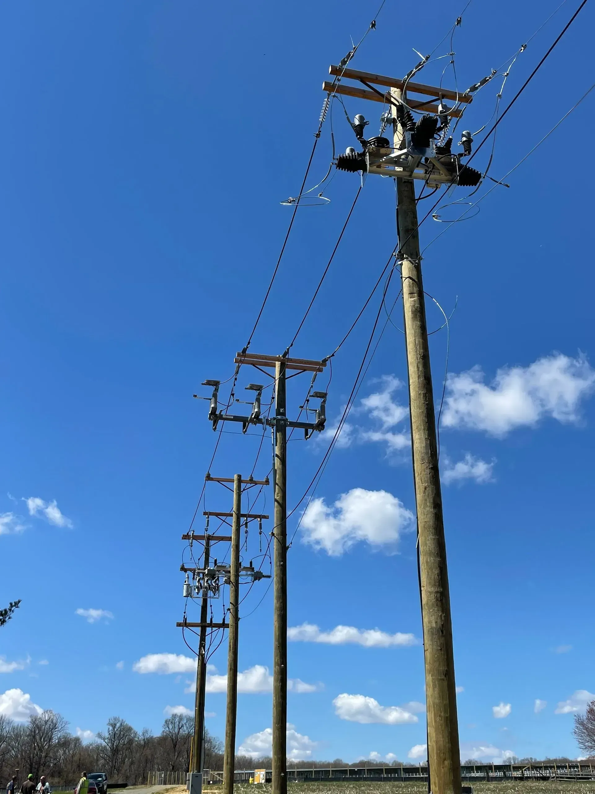 A row of tall wooden utility poles with power lines stretching against a clear blue sky with light clouds.