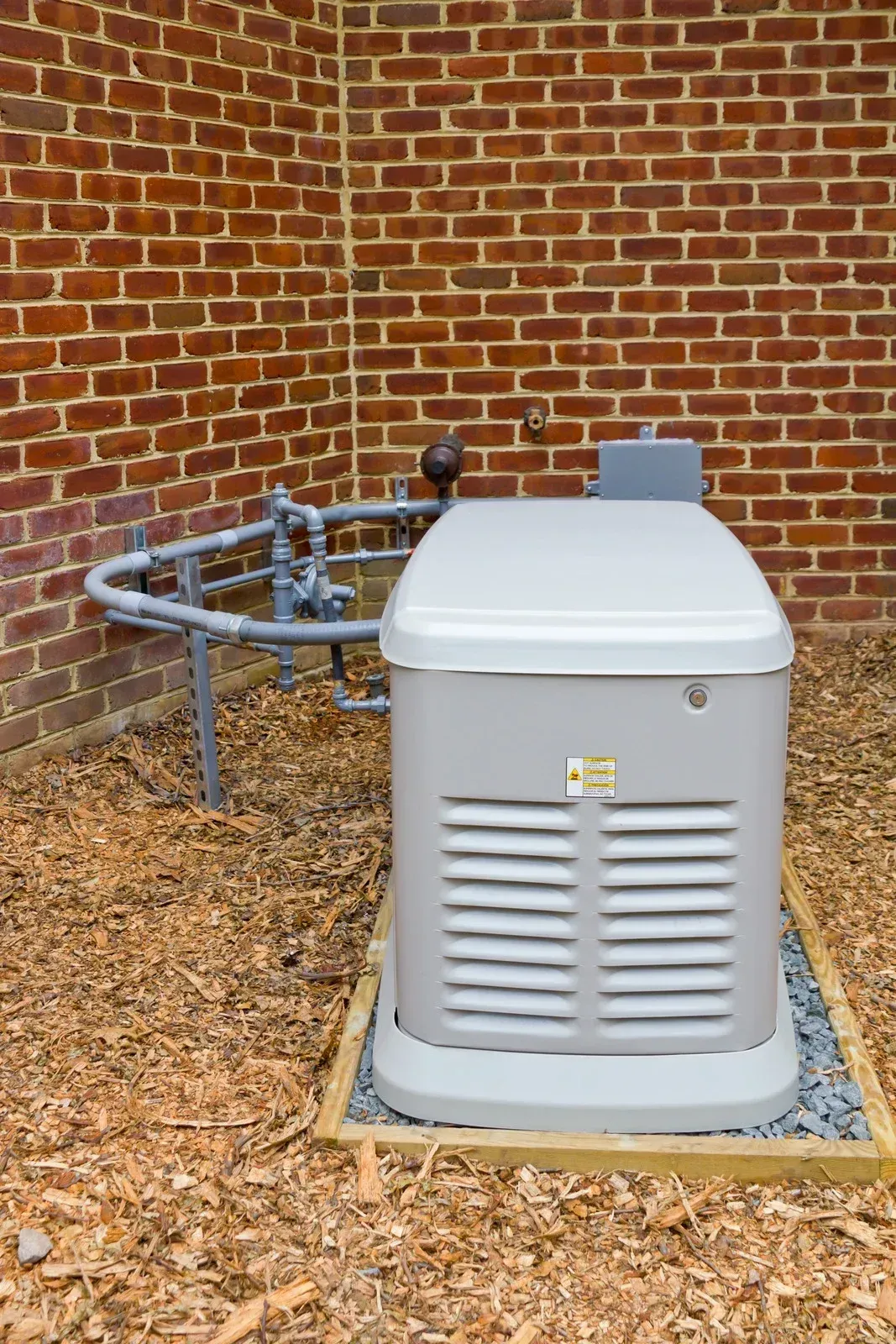 A light gray outdoor backup generator sits on a gravel pad near a brick wall, connected to gas piping.