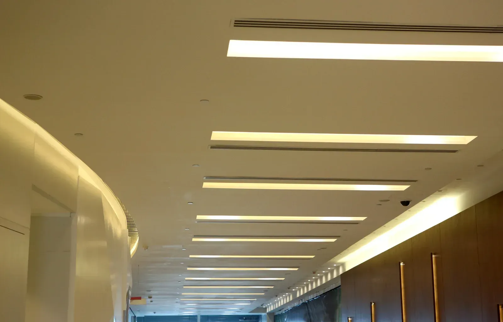 A modern hallway featuring a curved white wall, warm wood paneling, and a line of recessed rectangular ceiling lights.