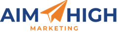 A logo for aim high marketing with an airplane on it.
