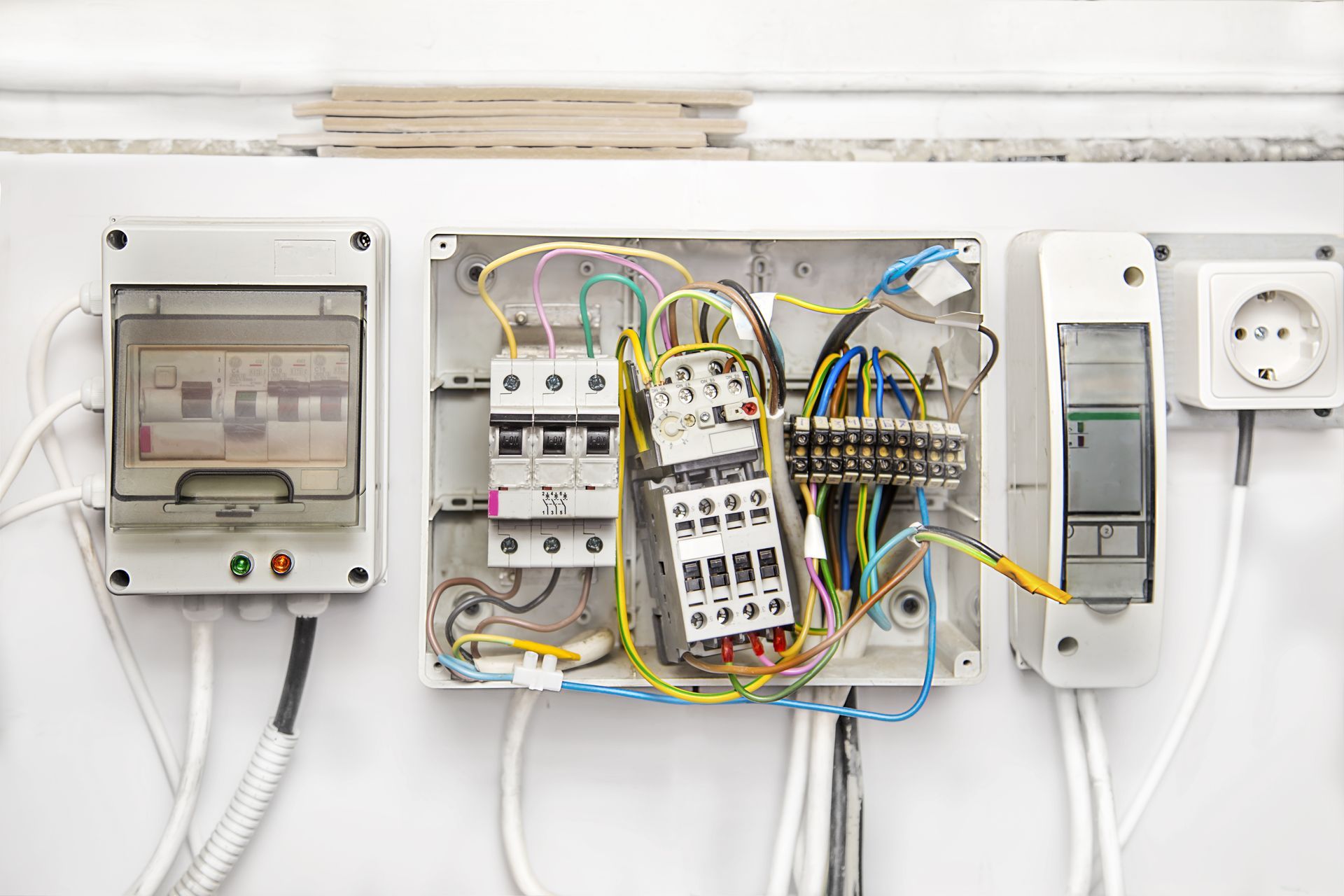 A close up of an electrical box with a lot of wires coming out of it.