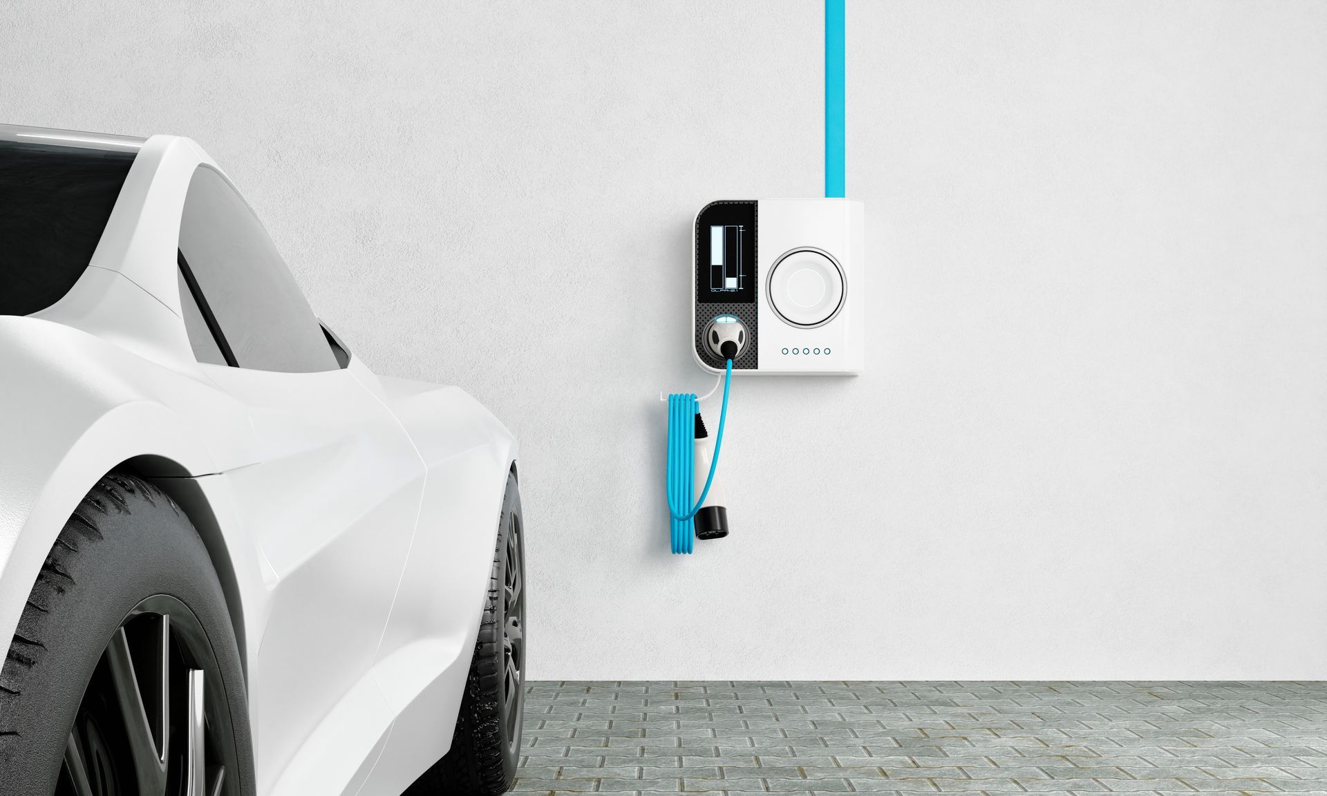 A white electric car is being charged in a garage.