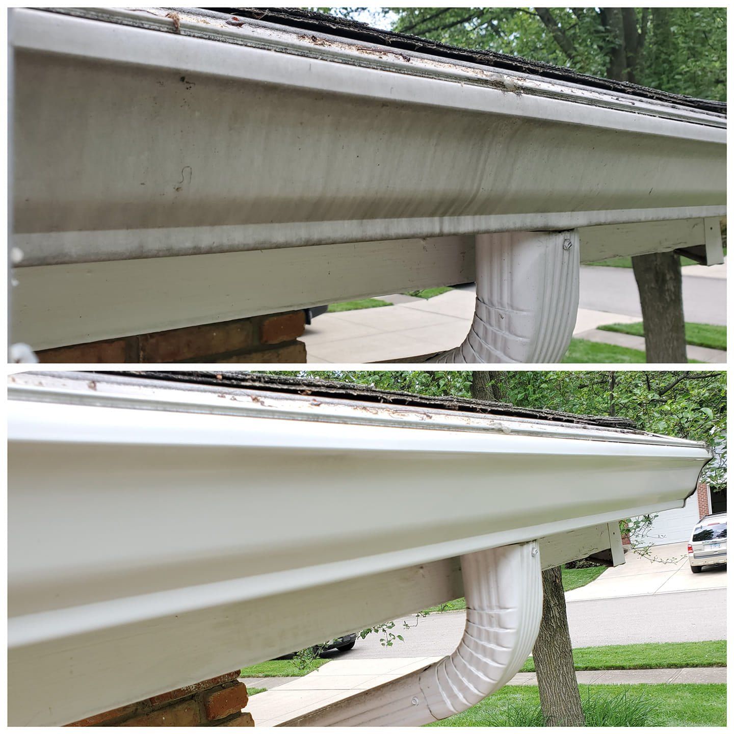 Comparison of dirty and clean white gutters. Top gutters are dirty, bottom gutters are clean.