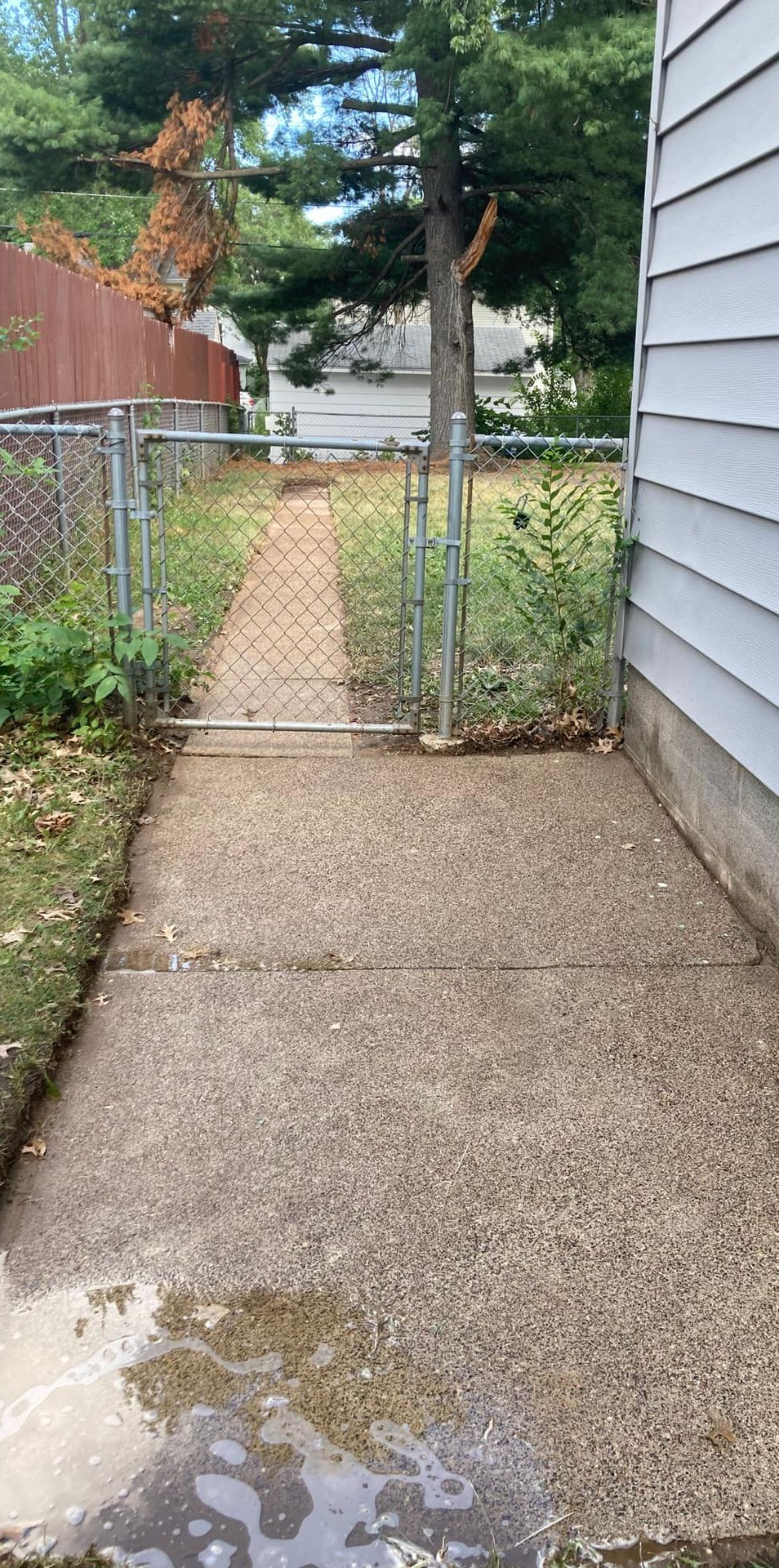 Concrete path with chain link fence and gate leading to a yard. A house is on the right.