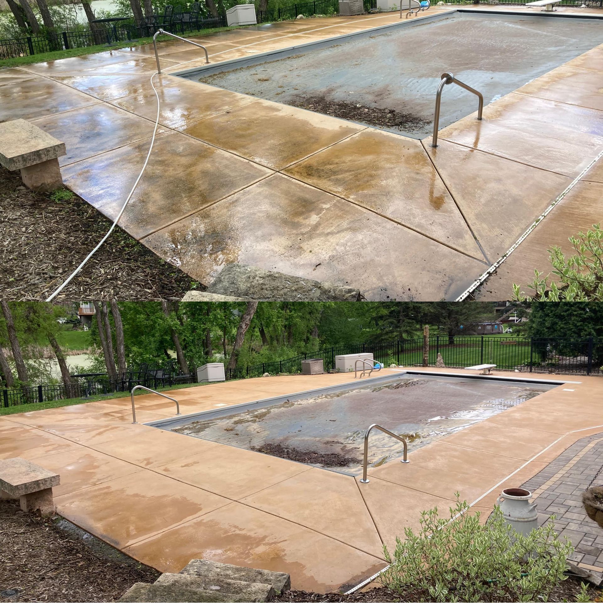 Before and after view of a concrete pool deck restoration; brown and tan colors.