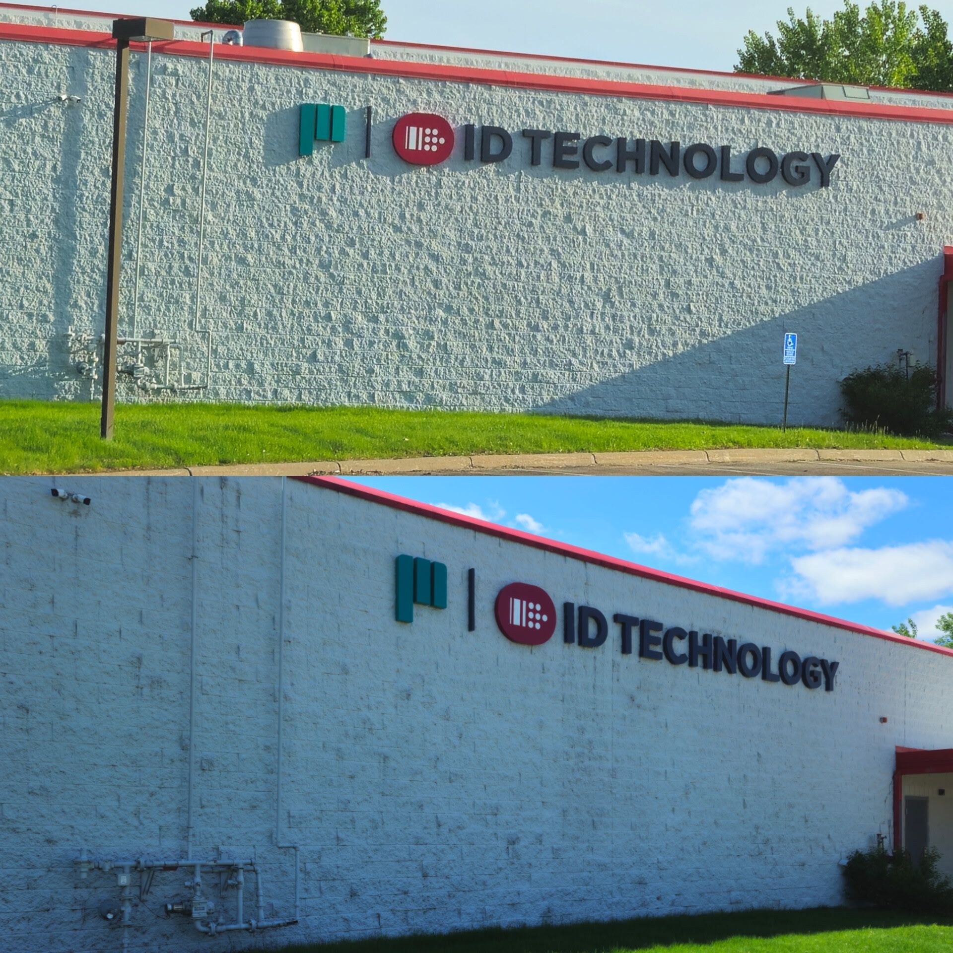 Two images of a building with a red roof. The sign reads 