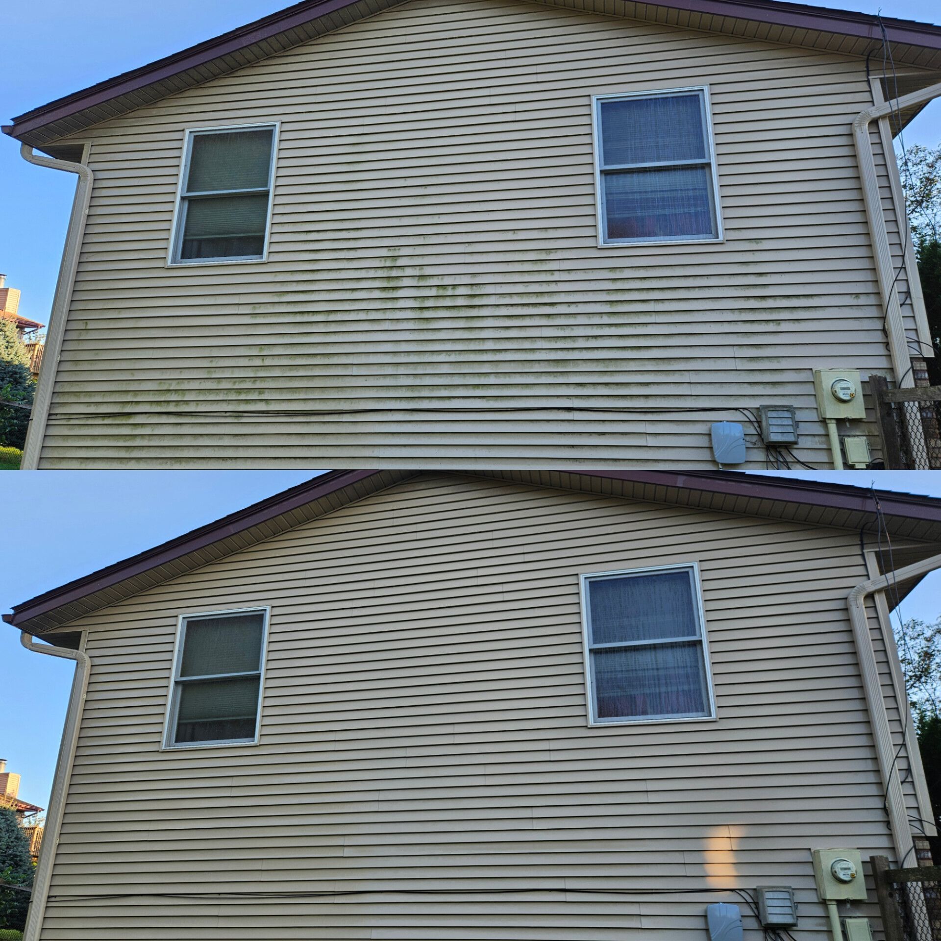Before and after of a house's siding. Top shows green algae, bottom shows clean tan siding.