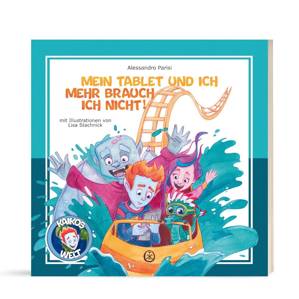 Hier wird ein Buchcover gezeigt von Band 1 Kaikos Welt. Darauf sieht man, wie Kaiko, Lali, Sam und der Hausdrache Cielo auf einer Wasserbahn rutschen. Alle haben viel Spaß nur Kaiko ist abgelenkt von seinem Tablet und bekommt seine Umgebung nicht richtig mit.