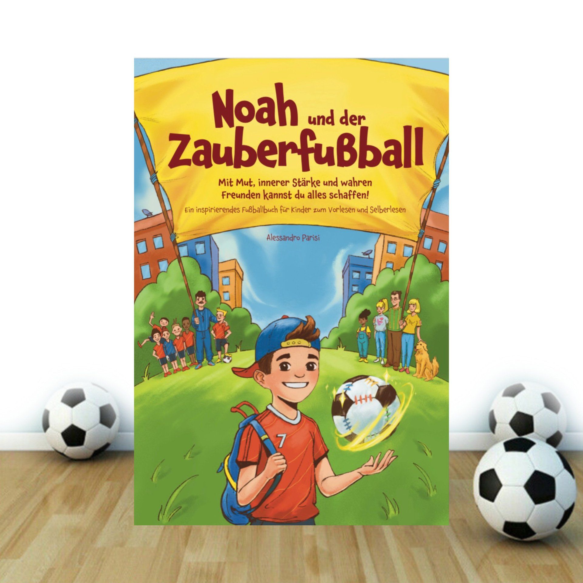 Auf dem Bild kann man ein Buch erkennen, darauf ist ein lächelnder Junge, namens Noah, mit einen Zauberfußball in der Hand. Hinter Ihm stehen seine Familie und Vereinsmitglieder sowie auch sein Trainer Paul. Diese halten ein Plakat da steht Noah und der Zauberfußball. Mit Mut, innerer Stärke und wahren Freunden kannst du alles schaffen!