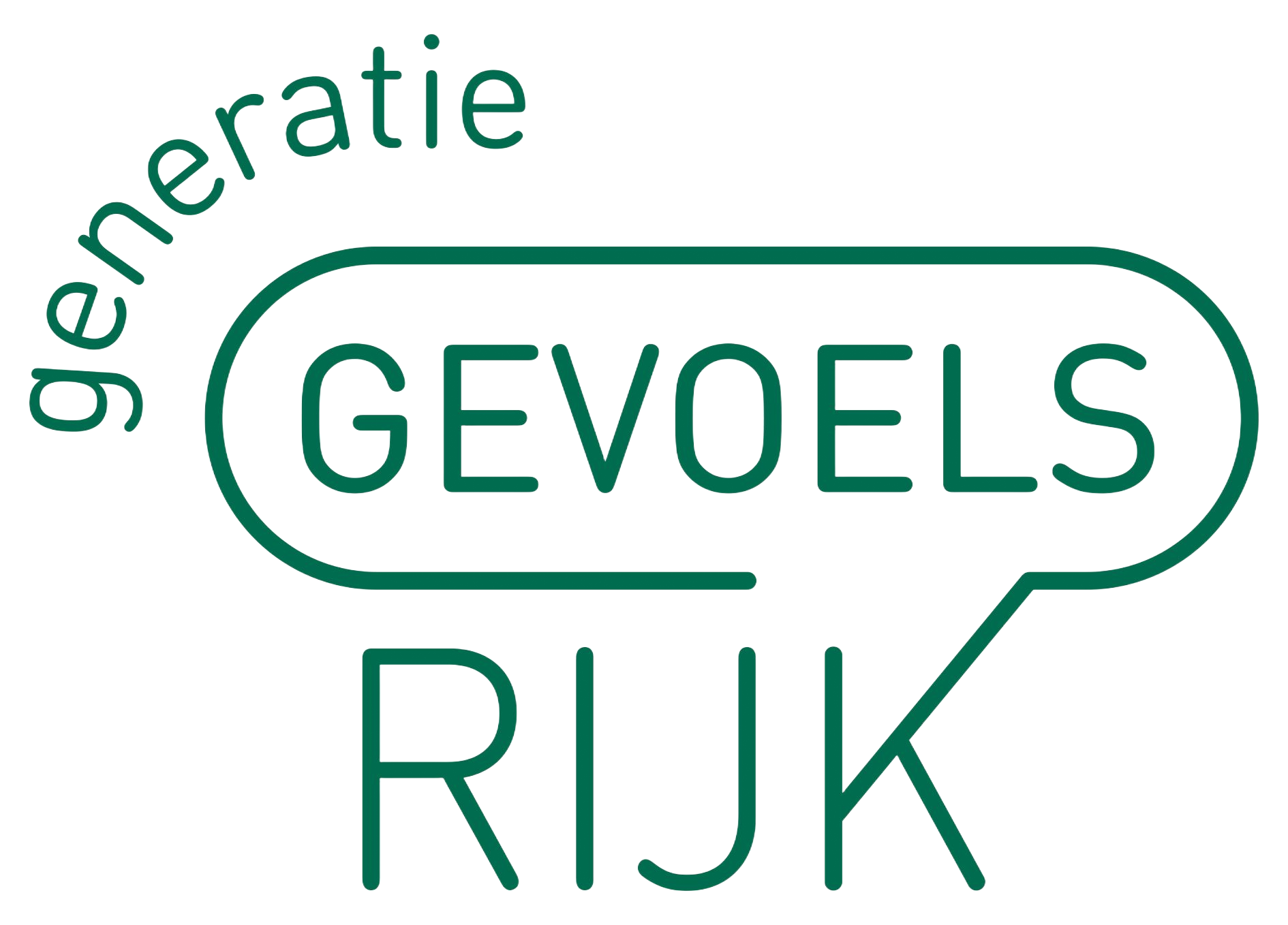 Groen logo met &ldquo;GEVOELS RIJK&rdquo; en daarboven gebogen &ldquo;generatie&rdquo;.