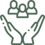 A line drawing of two hands holding a group of people.