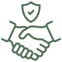 A line drawing of a handshake with a shield above it.
