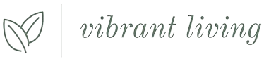 A logo for vibrant living with a heart and leaves.