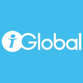 Het iGlobal-logo. Een witte "i" in een cirkel, gevolgd door "Global" in witte tekst, op een lichtblauwe achtergrond.