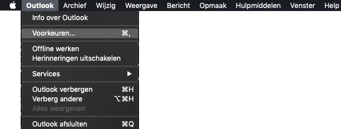 A screenshot of a computer screen showing the outlook menu
