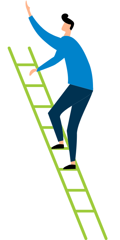 A man is climbing a ladder and giving a high five.