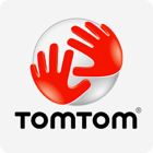 TomTom-logo met een witte wereldbol met twee rode handen; zwarte tekst 'TOMTOM' eronder.