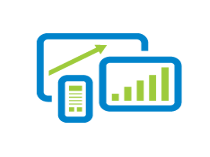 A blue and green icon of a tablet , cell phone , and a graph.