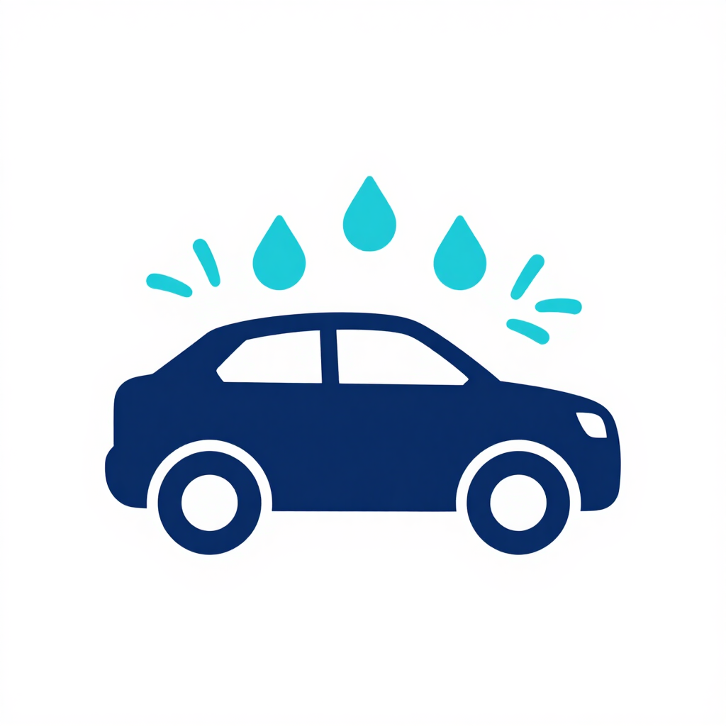 Coche azul bajo gotas de lluvia y salpicaduras, que representa el lavado del coche o la protección contra la lluvia